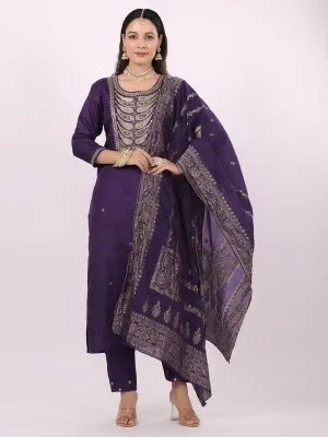 Satrangi Women's Purple Viscose Silk Embroidered Three Fourth Sleeve Round Neck Kurta Set