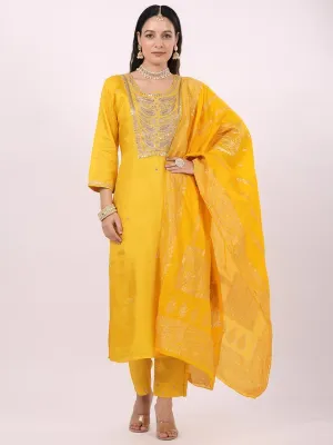Satrangi Women's Yellow Viscose Silk Embroidered 3/4th Sleeve Round Neck Kurta Set