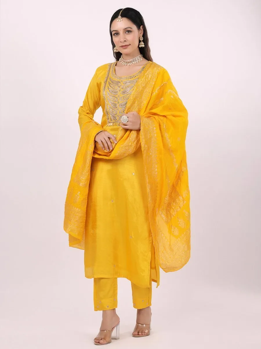 Satrangi Women's Yellow Viscose Silk Embroidered 3/4th Sleeve Round Neck Kurta Set