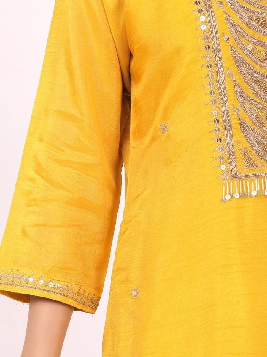 Satrangi Women's Yellow Viscose Silk Embroidered 3/4th Sleeve Round Neck Kurta Set
