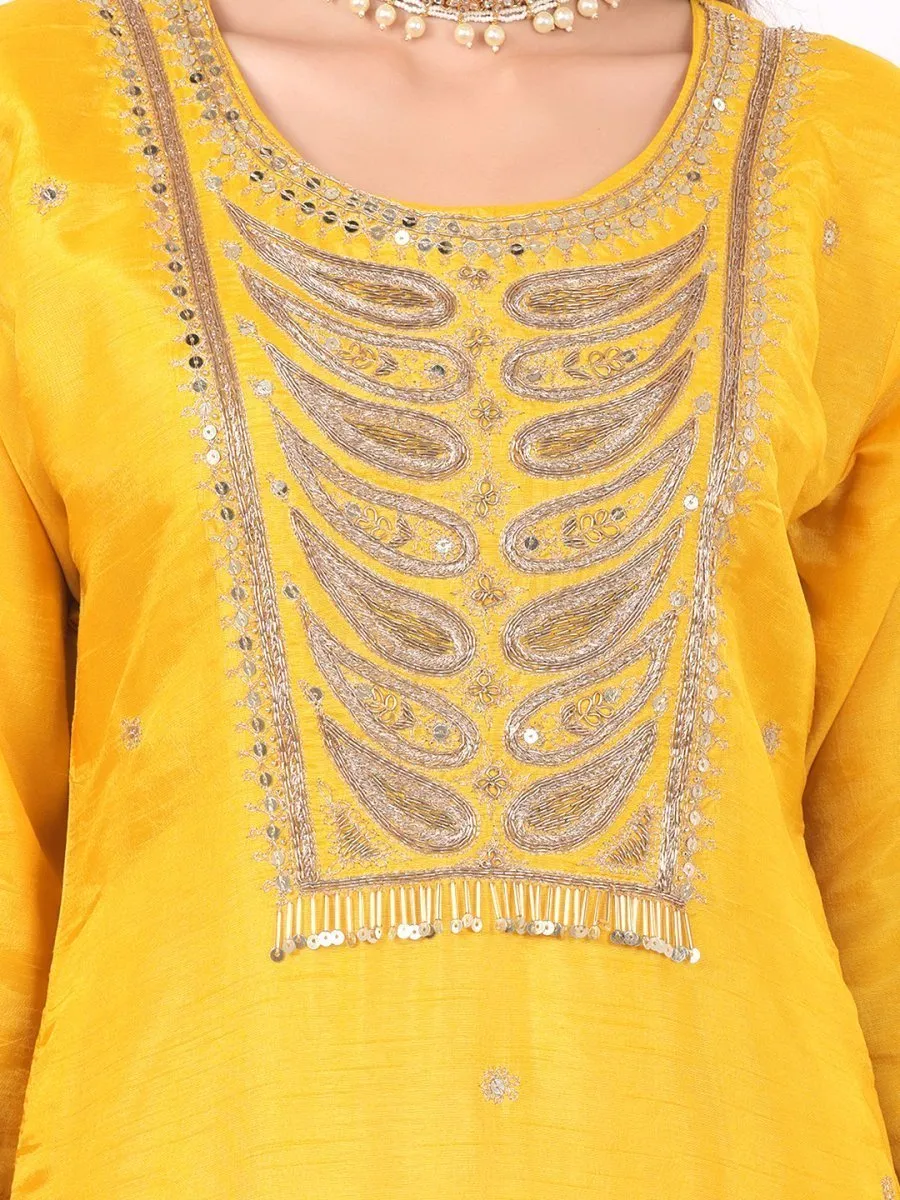Satrangi Women's Yellow Viscose Silk Embroidered 3/4th Sleeve Round Neck Kurta Set