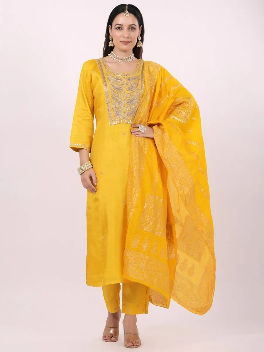 Satrangi Women's Yellow Viscose Silk Embroidered 3/4th Sleeve Round Neck Kurta Set
