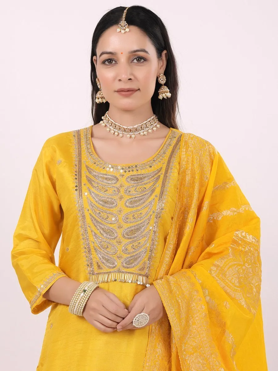 Satrangi Women's Yellow Viscose Silk Embroidered 3/4th Sleeve Round Neck Kurta Set