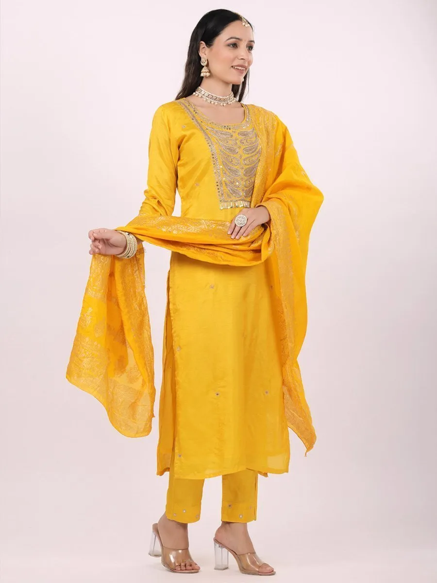 Satrangi Women's Yellow Viscose Silk Embroidered 3/4th Sleeve Round Neck Kurta Set