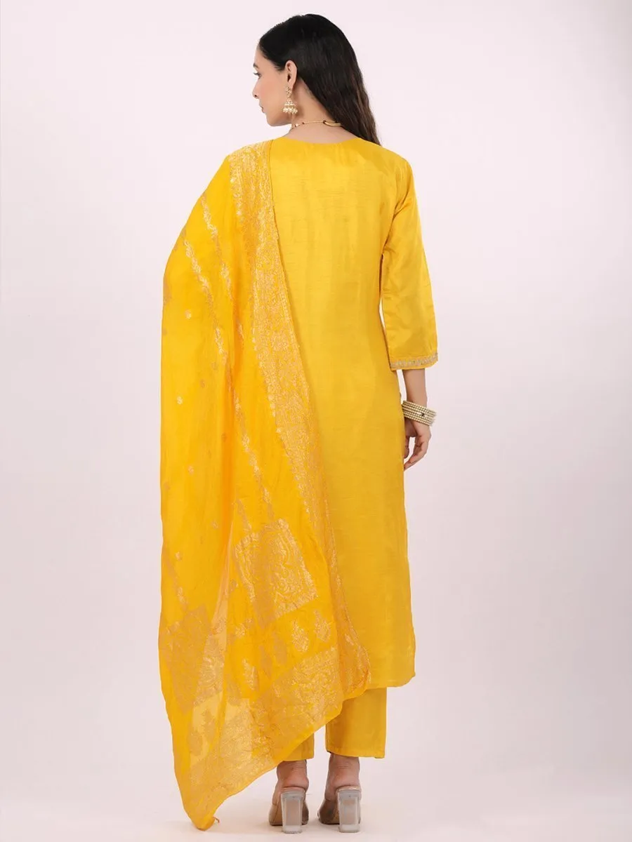 Satrangi Women's Yellow Viscose Silk Embroidered 3/4th Sleeve Round Neck Kurta Set
