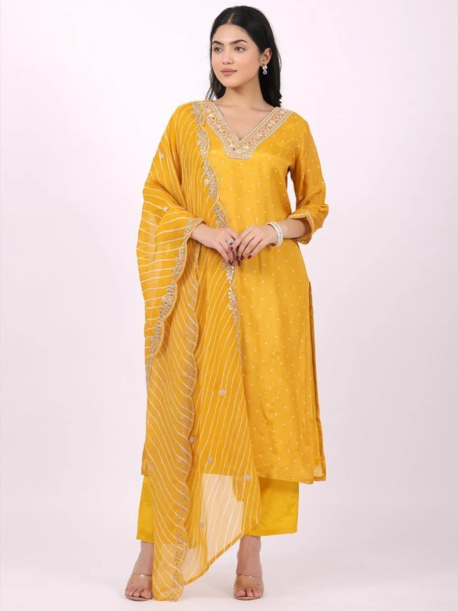 Satrangi Women's Yellow Viscose Silk Embroidered Kurta Set with V Neck and Three Fourth Sleeves