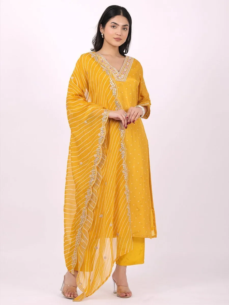 Satrangi Women's Yellow Viscose Silk Embroidered Kurta Set with V Neck and Three Fourth Sleeves