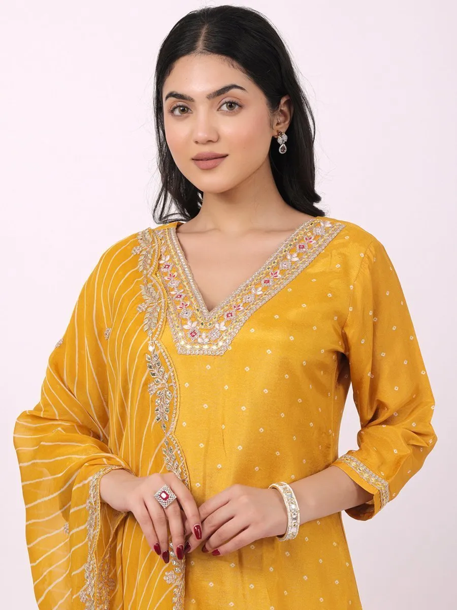 Satrangi Women's Yellow Viscose Silk Embroidered Kurta Set with V Neck and Three Fourth Sleeves
