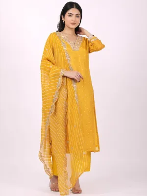 Satrangi Women's Yellow Viscose Silk Embroidered Kurta Set with V Neck and Three Fourth Sleeves
