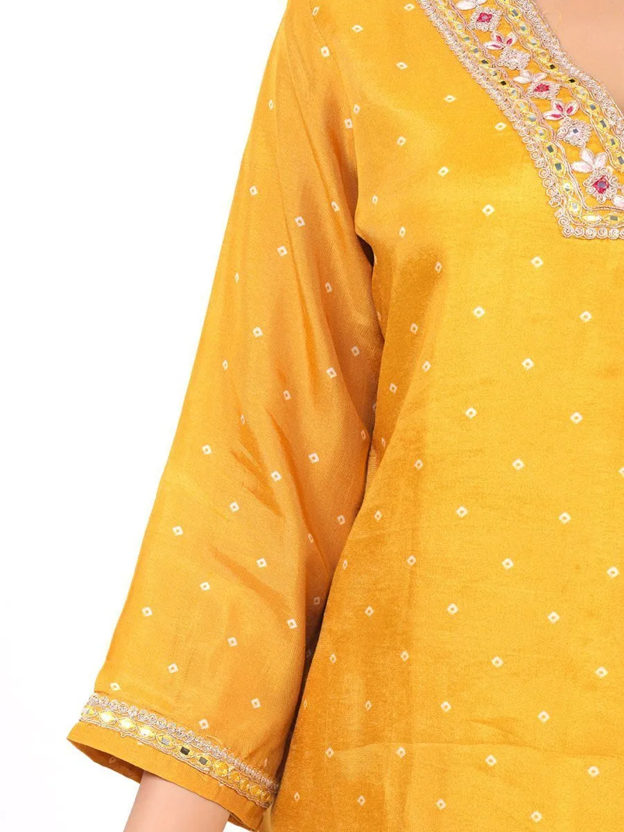 Satrangi Women's Yellow Viscose Silk Embroidered Kurta Set with V Neck and Three Fourth Sleeves
