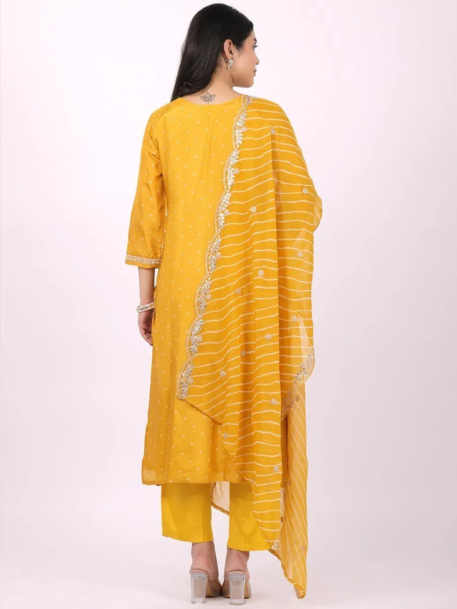 Satrangi Women's Yellow Viscose Silk Embroidered Kurta Set with V Neck and Three Fourth Sleeves