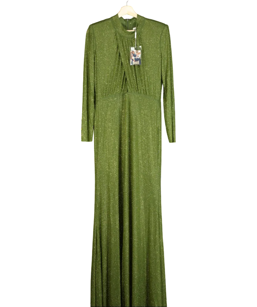 Self-Portrait Olive Green Rhinestone Maxi Dress UK 14