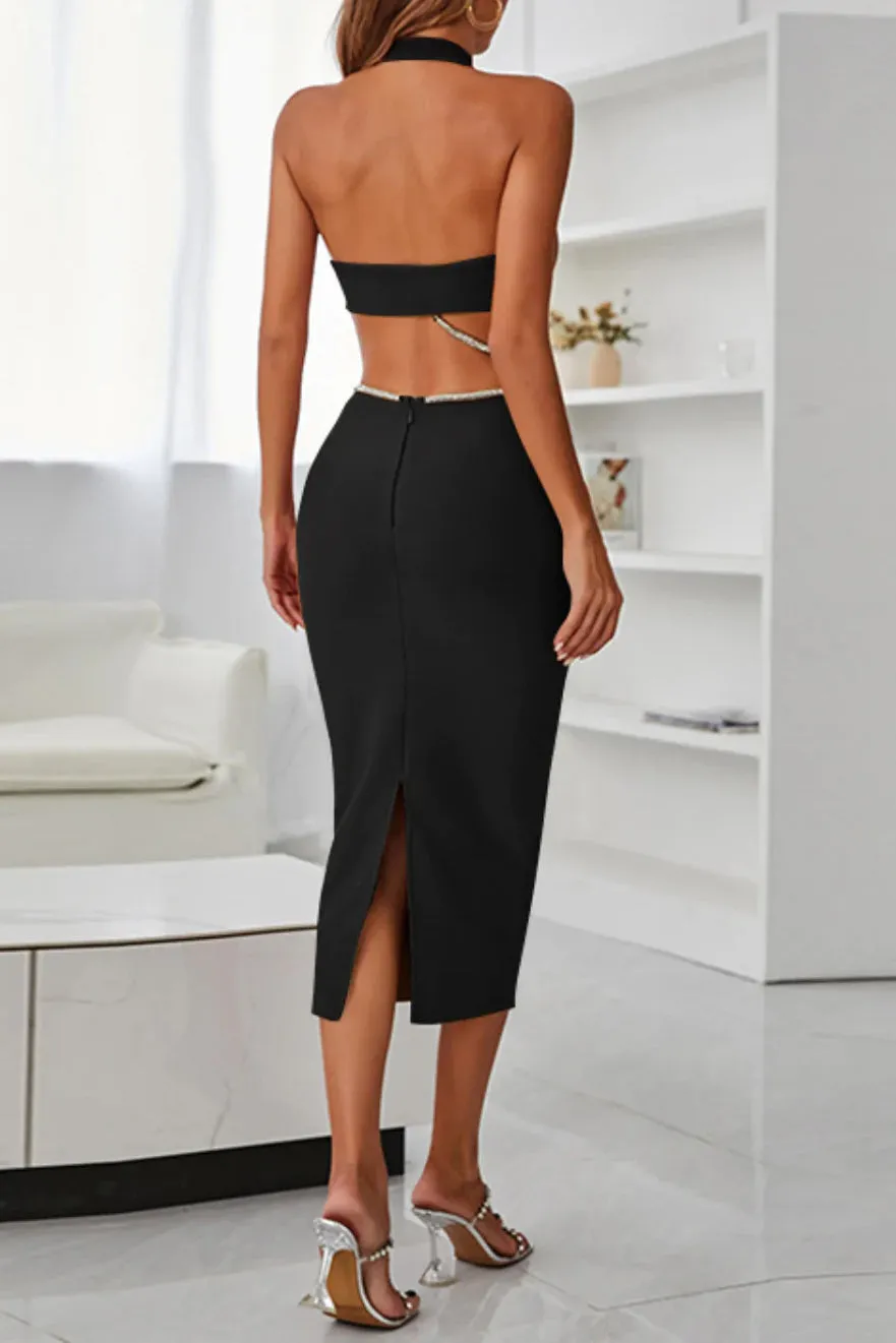 Sexy Black Cut Out Halter Neck Silver Edge Maxi Dress