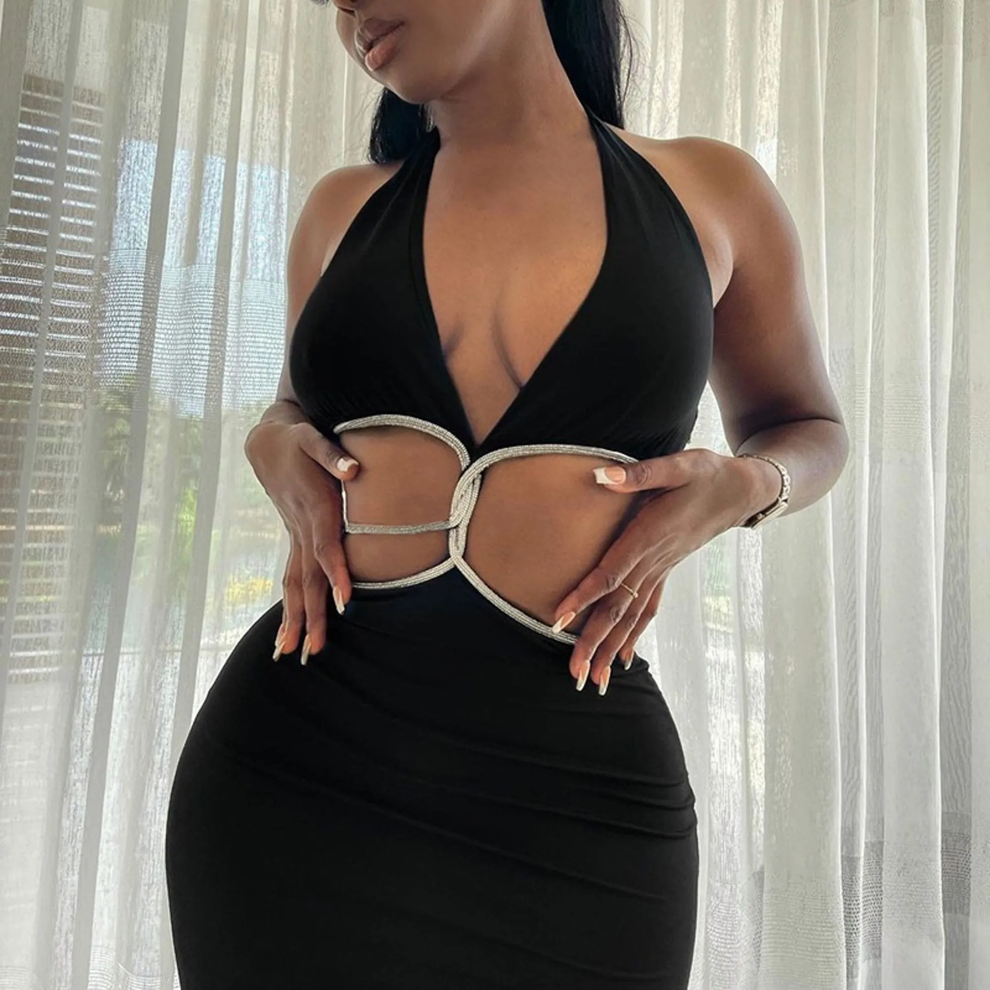 Sexy Black Cut Out Halter Neck Silver Edge Maxi Dress