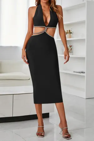 Sexy Black Cut Out Halter Neck Silver Edge Maxi Dress