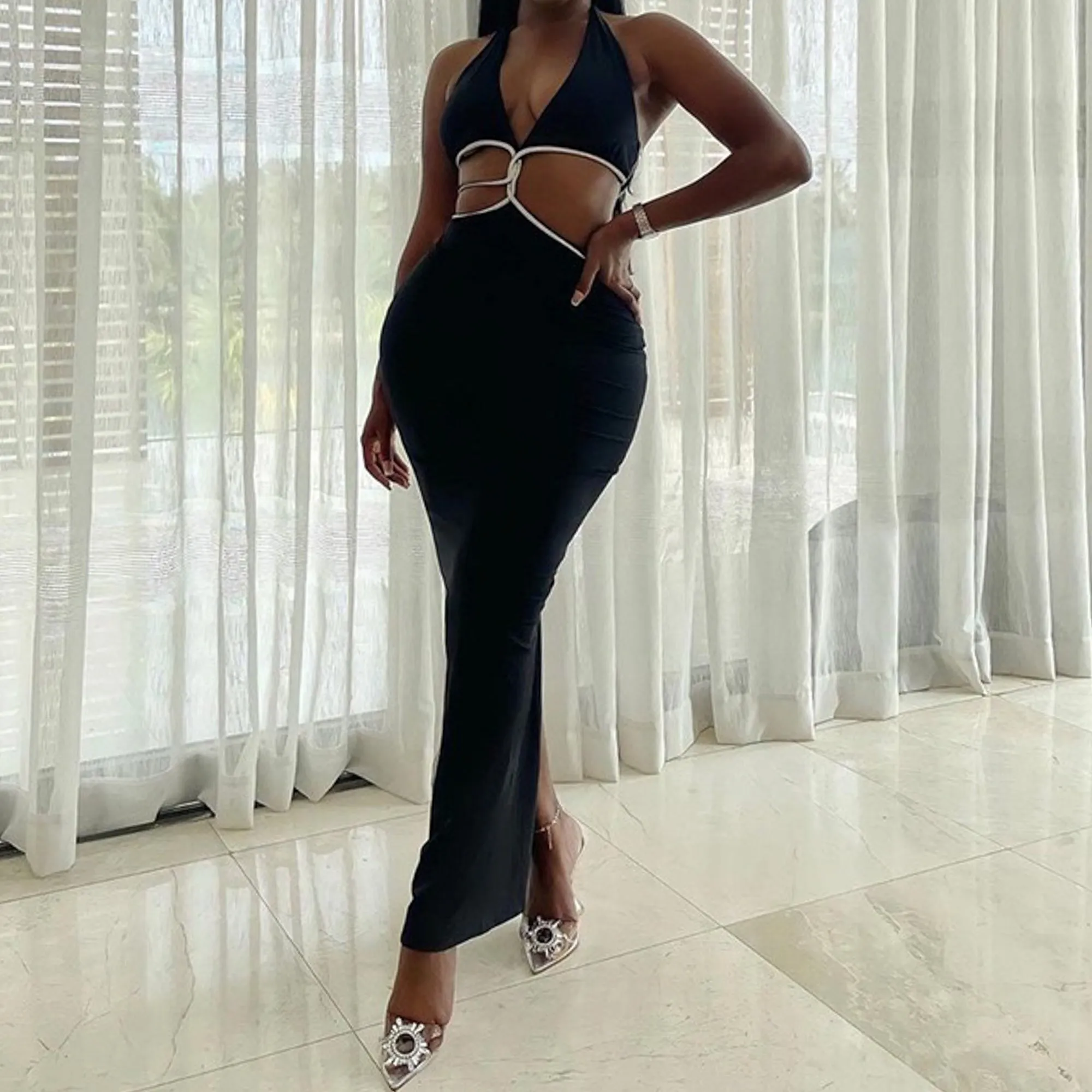 Sexy Black Cut Out Halter Neck Silver Edge Maxi Dress