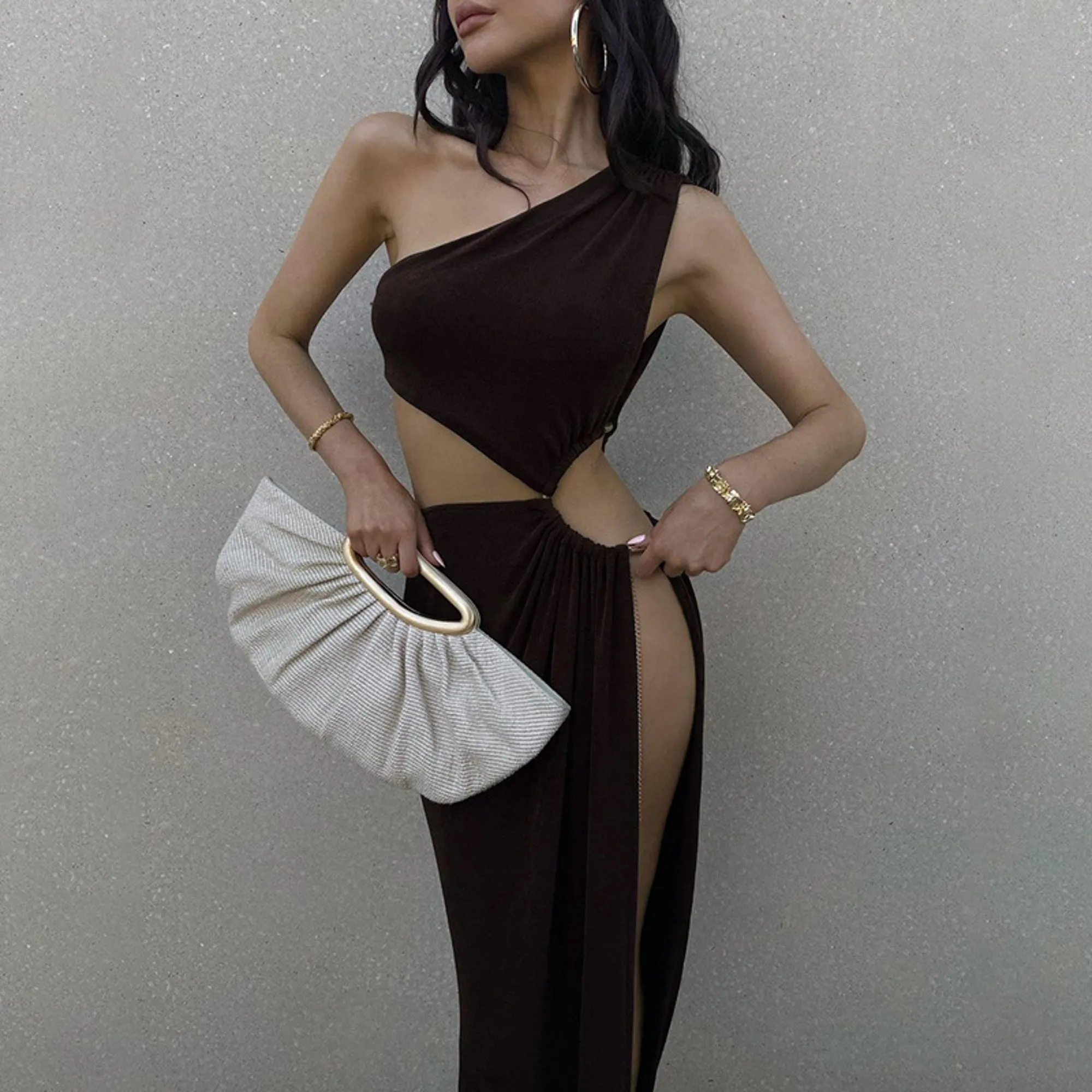Sexy Brown Cut Out High Split Irregular Party Maxi Dress