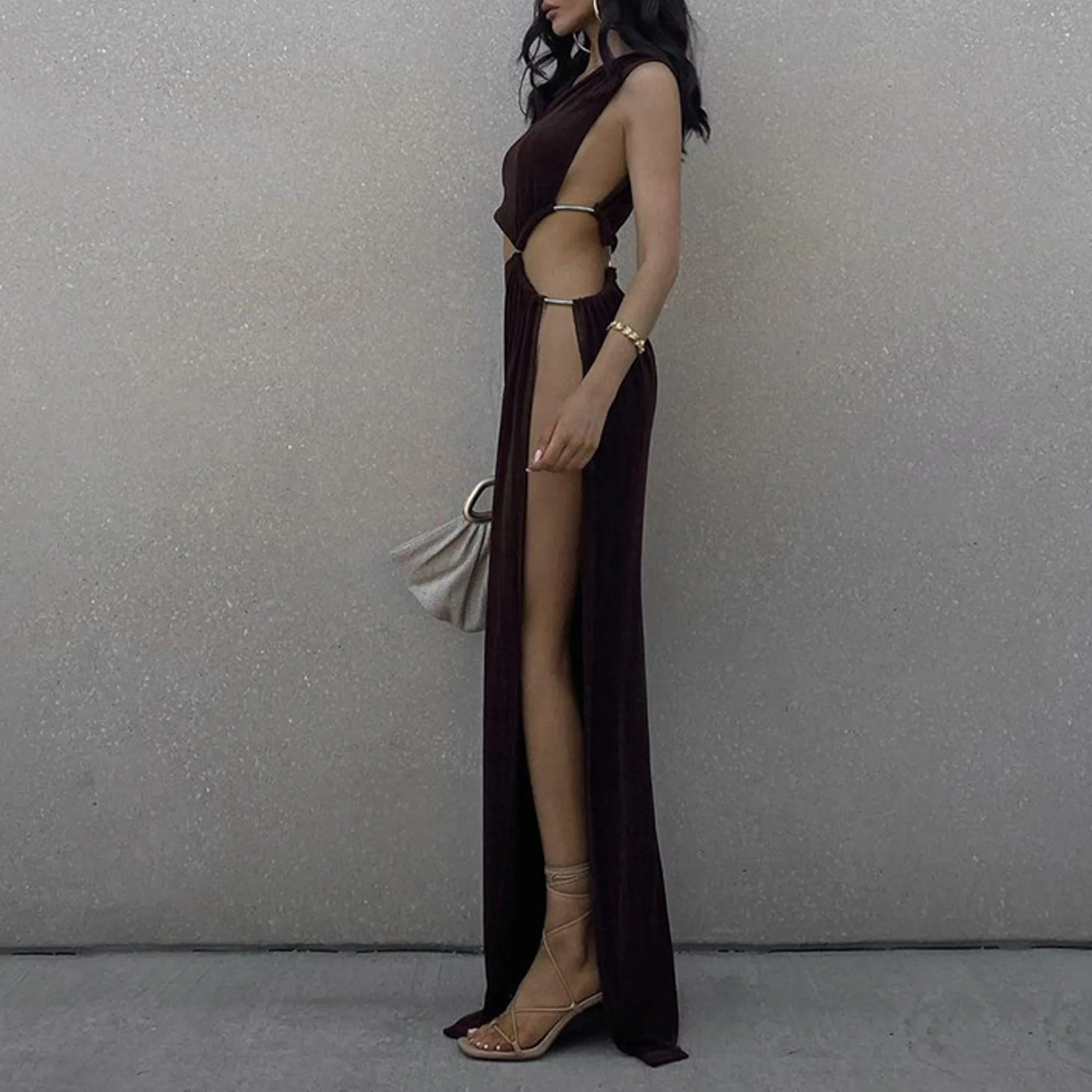 Sexy Brown Cut Out High Split Irregular Party Maxi Dress