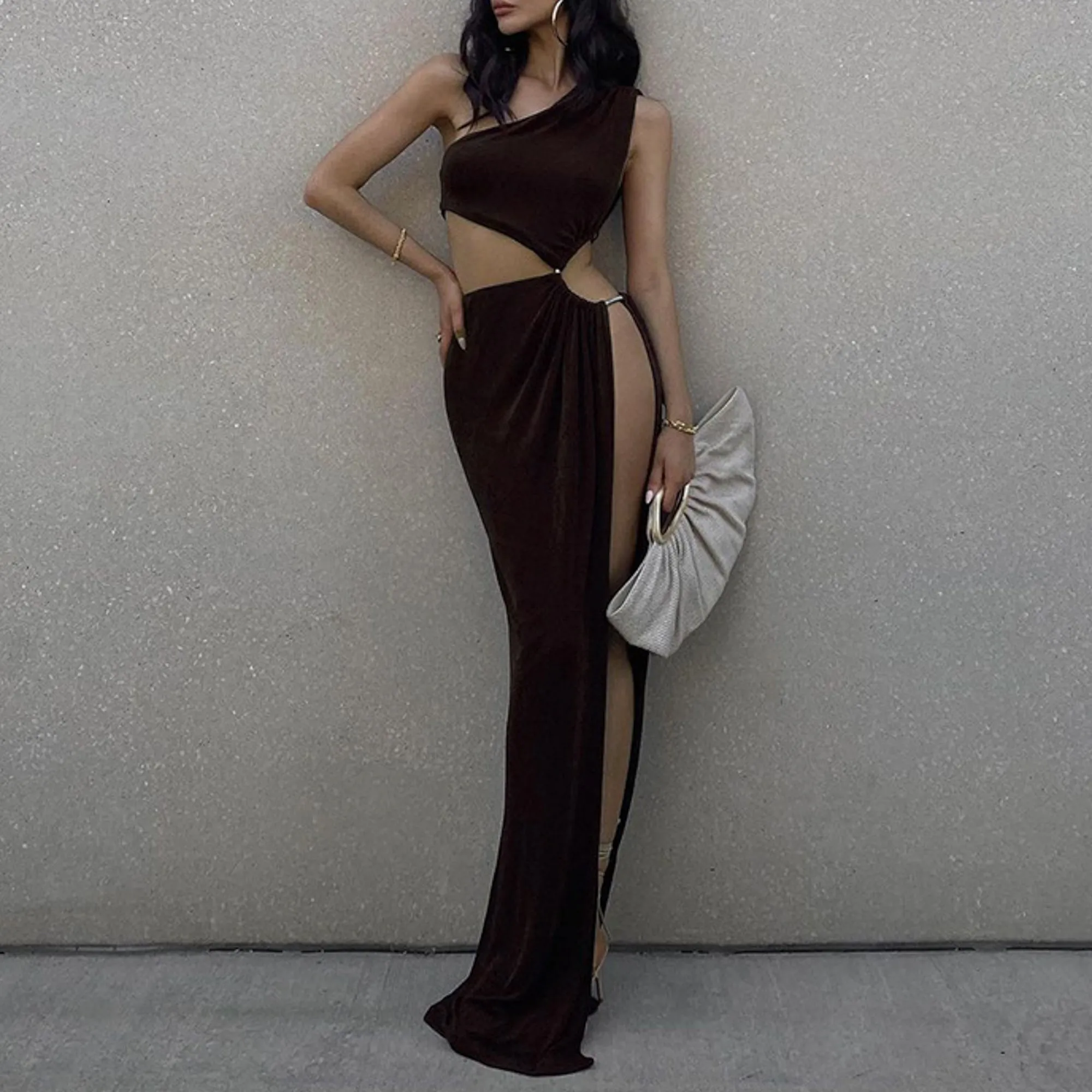 Sexy Brown Cut Out High Split Irregular Party Maxi Dress