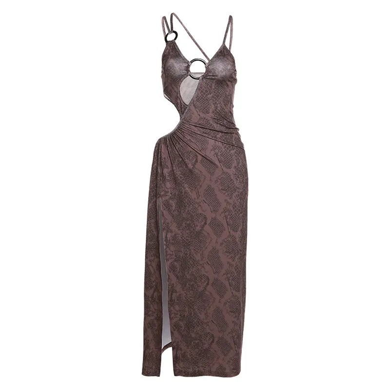Sexy Brown Irregular Hollow Out Ruched Maxi Dress