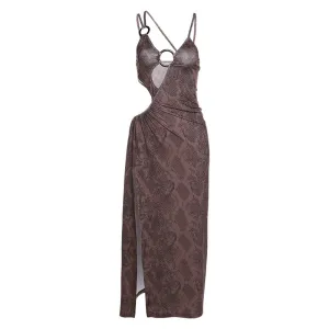 Sexy Brown Irregular Hollow Out Ruched Maxi Dress