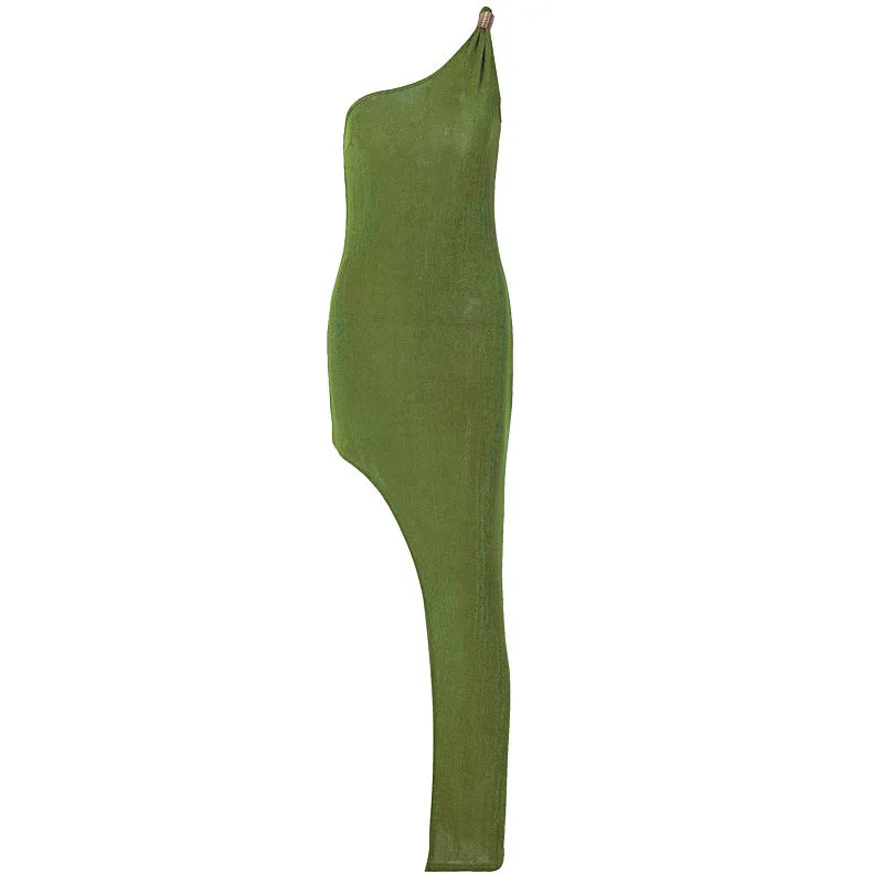 Sexy Green One-Shoulder Sleeveless Irregular Maxi Dress