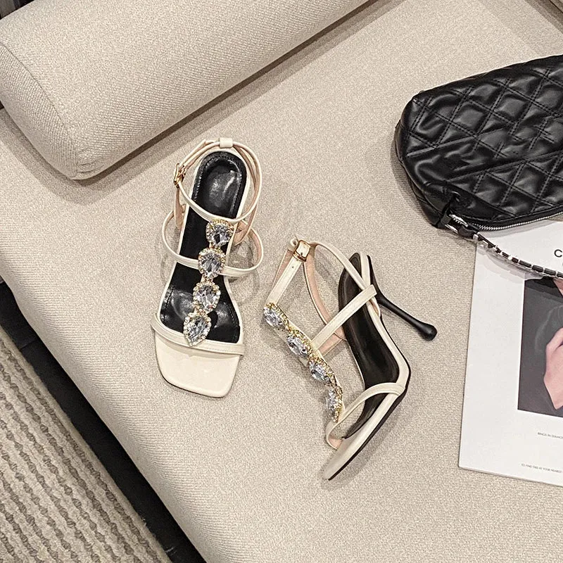 Sexy Versatile Retro Style Rhinestone High-heeled Sandals