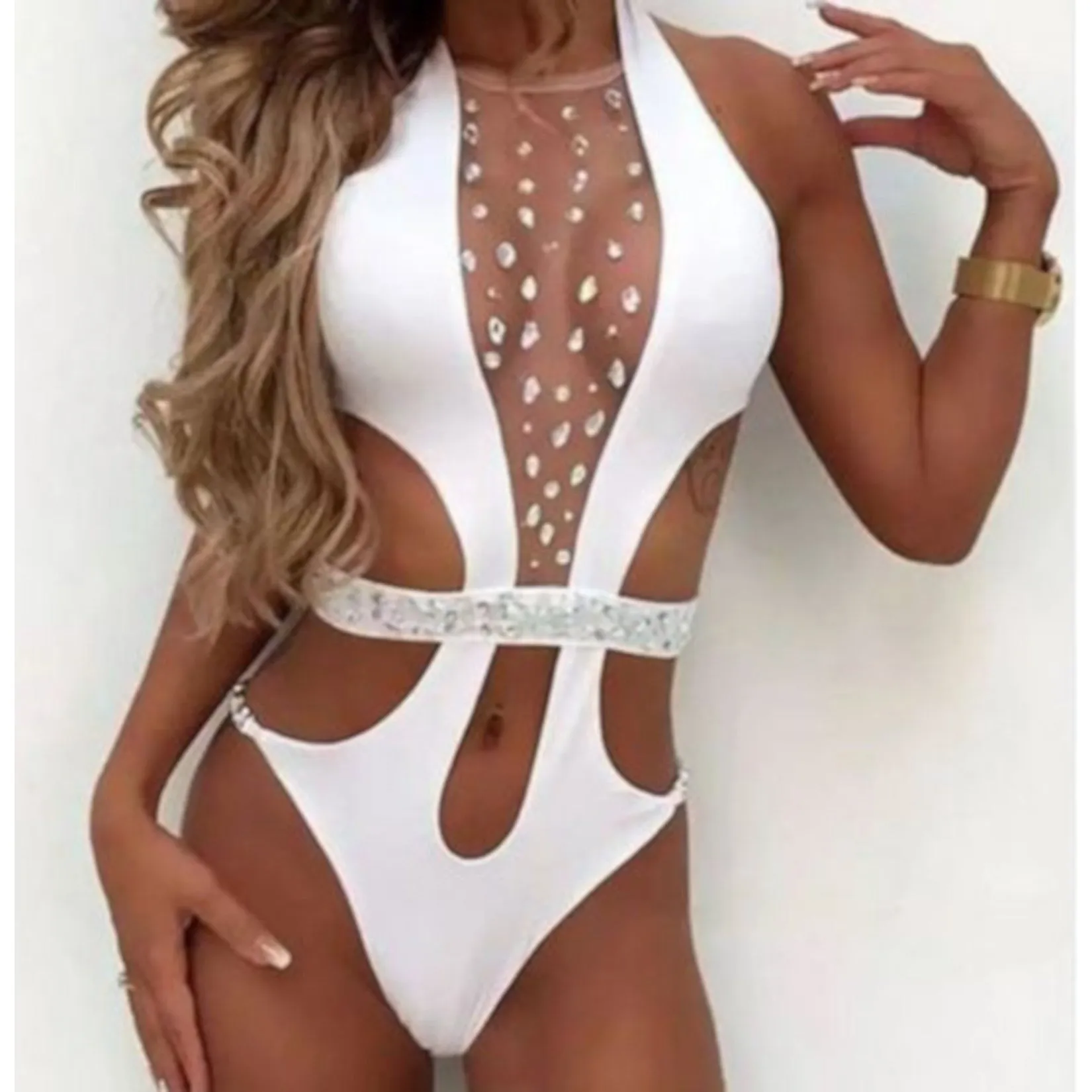 Sexy White One Piece Crystal Halter Cut Out Monokini Swimsuit