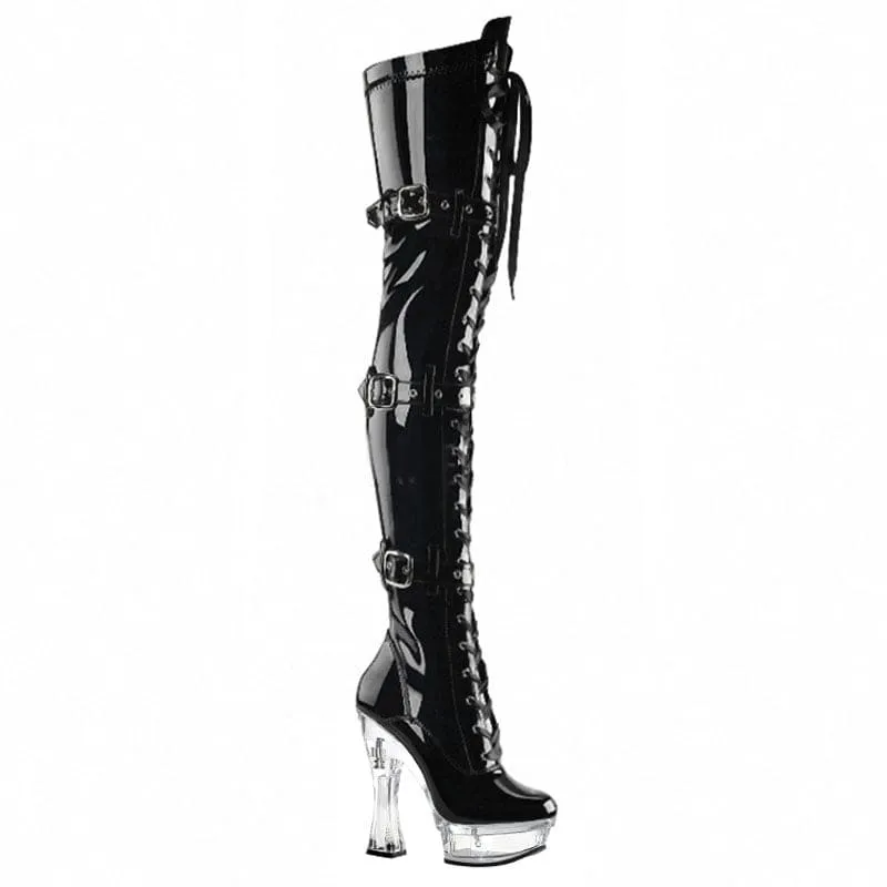 Shiny Black Patent Multi Buckle Thigh High Boots with Transparent Heel