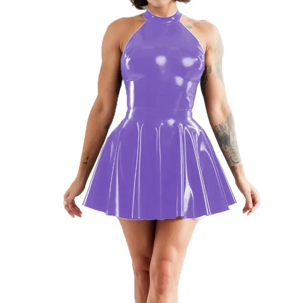Shiny Sleeveless A-Line Pleated Mini Dress Halter Neck Skater Wet PVC Leather Swing Skirt Dress Latex-look Clubwear