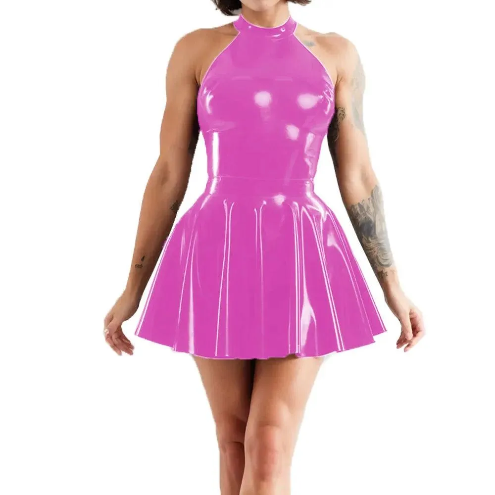Shiny Sleeveless A-Line Pleated Mini Dress Halter Neck Skater Wet PVC Leather Swing Skirt Dress Latex-look Clubwear