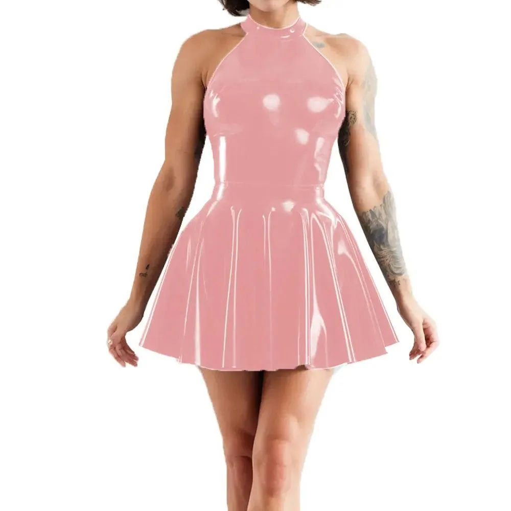 Shiny Sleeveless A-Line Pleated Mini Dress Halter Neck Skater Wet PVC Leather Swing Skirt Dress Latex-look Clubwear