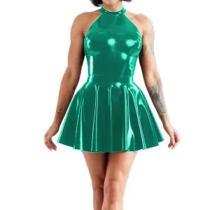 Shiny Sleeveless A-Line Pleated Mini Dress Halter Neck Skater Wet PVC Leather Swing Skirt Dress Latex-look Clubwear