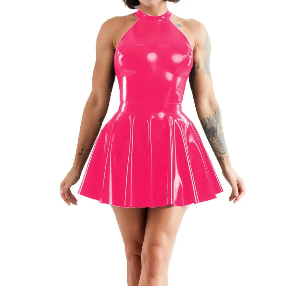Shiny Sleeveless A-Line Pleated Mini Dress Halter Neck Skater Wet PVC Leather Swing Skirt Dress Latex-look Clubwear
