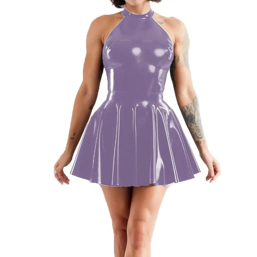 Shiny Sleeveless A-Line Pleated Mini Dress Halter Neck Skater Wet PVC Leather Swing Skirt Dress Latex-look Clubwear