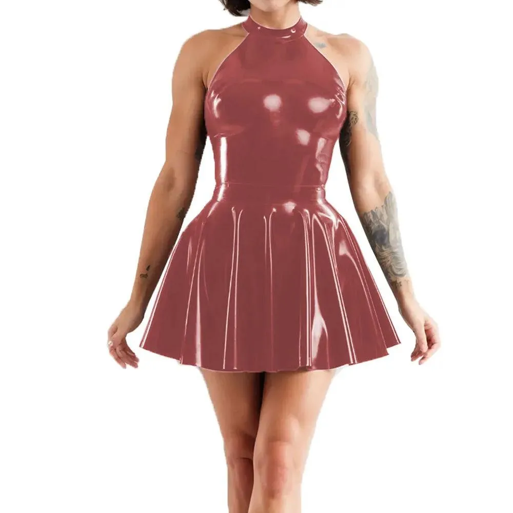 Shiny Sleeveless A-Line Pleated Mini Dress Halter Neck Skater Wet PVC Leather Swing Skirt Dress Latex-look Clubwear