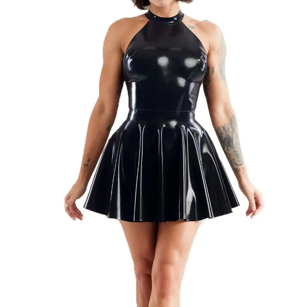 Shiny Sleeveless A-Line Pleated Mini Dress Halter Neck Skater Wet PVC Leather Swing Skirt Dress Latex-look Clubwear
