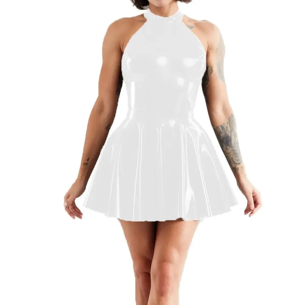 Shiny Sleeveless A-Line Pleated Mini Dress Halter Neck Skater Wet PVC Leather Swing Skirt Dress Latex-look Clubwear
