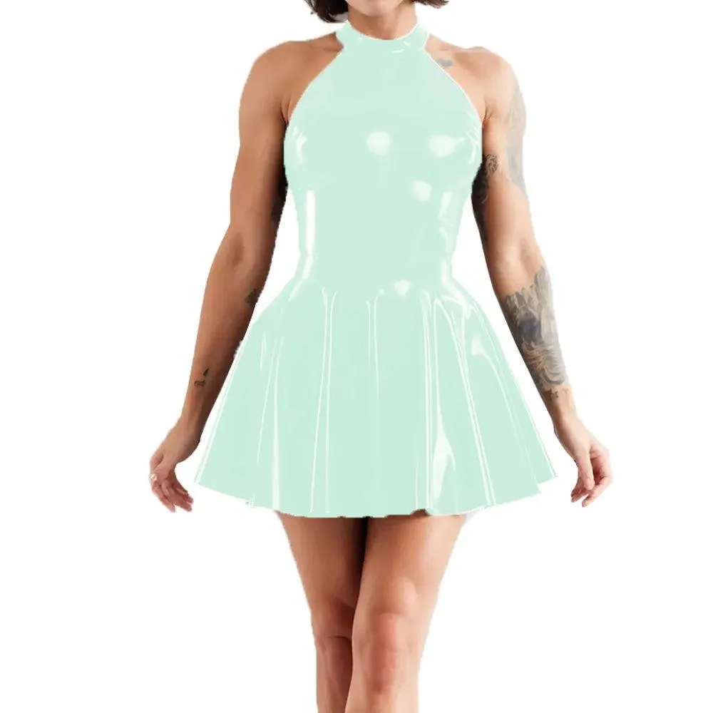 Shiny Sleeveless A-Line Pleated Mini Dress Halter Neck Skater Wet PVC Leather Swing Skirt Dress Latex-look Clubwear
