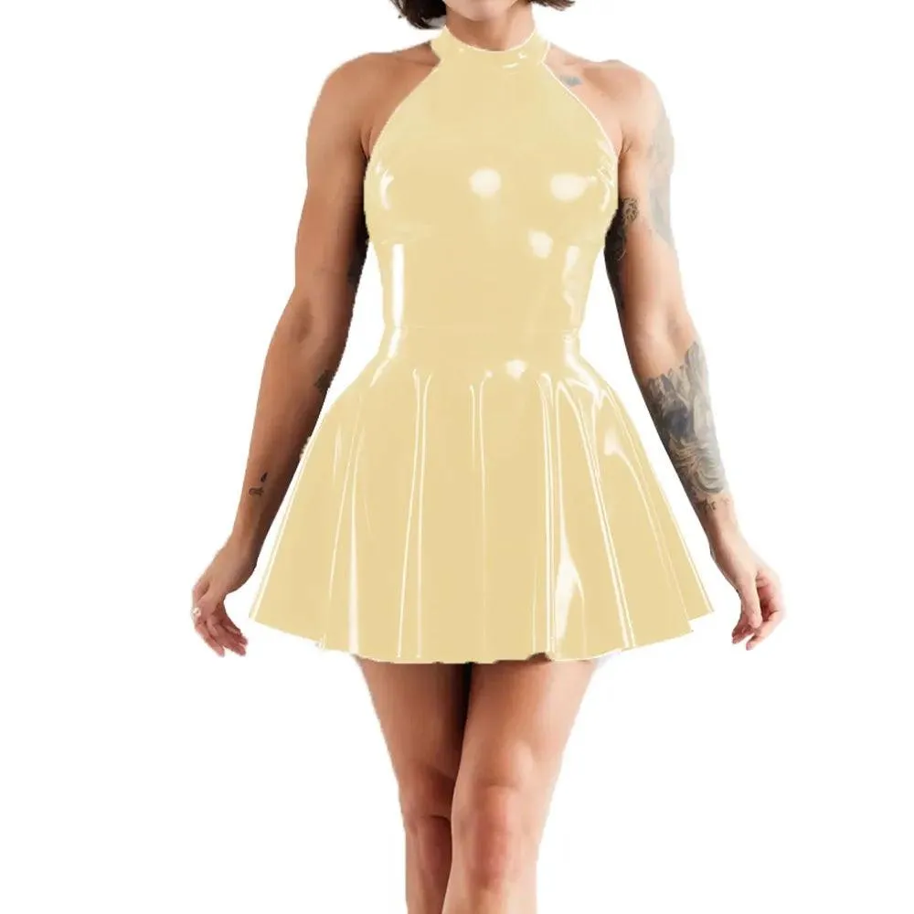 Shiny Sleeveless A-Line Pleated Mini Dress Halter Neck Skater Wet PVC Leather Swing Skirt Dress Latex-look Clubwear