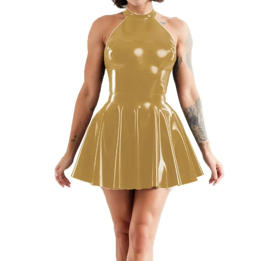 Shiny Sleeveless A-Line Pleated Mini Dress Halter Neck Skater Wet PVC Leather Swing Skirt Dress Latex-look Clubwear
