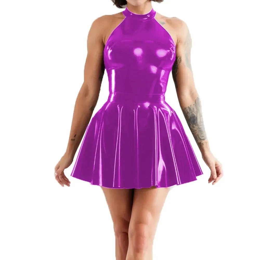 Shiny Sleeveless A-Line Pleated Mini Dress Halter Neck Skater Wet PVC Leather Swing Skirt Dress Latex-look Clubwear