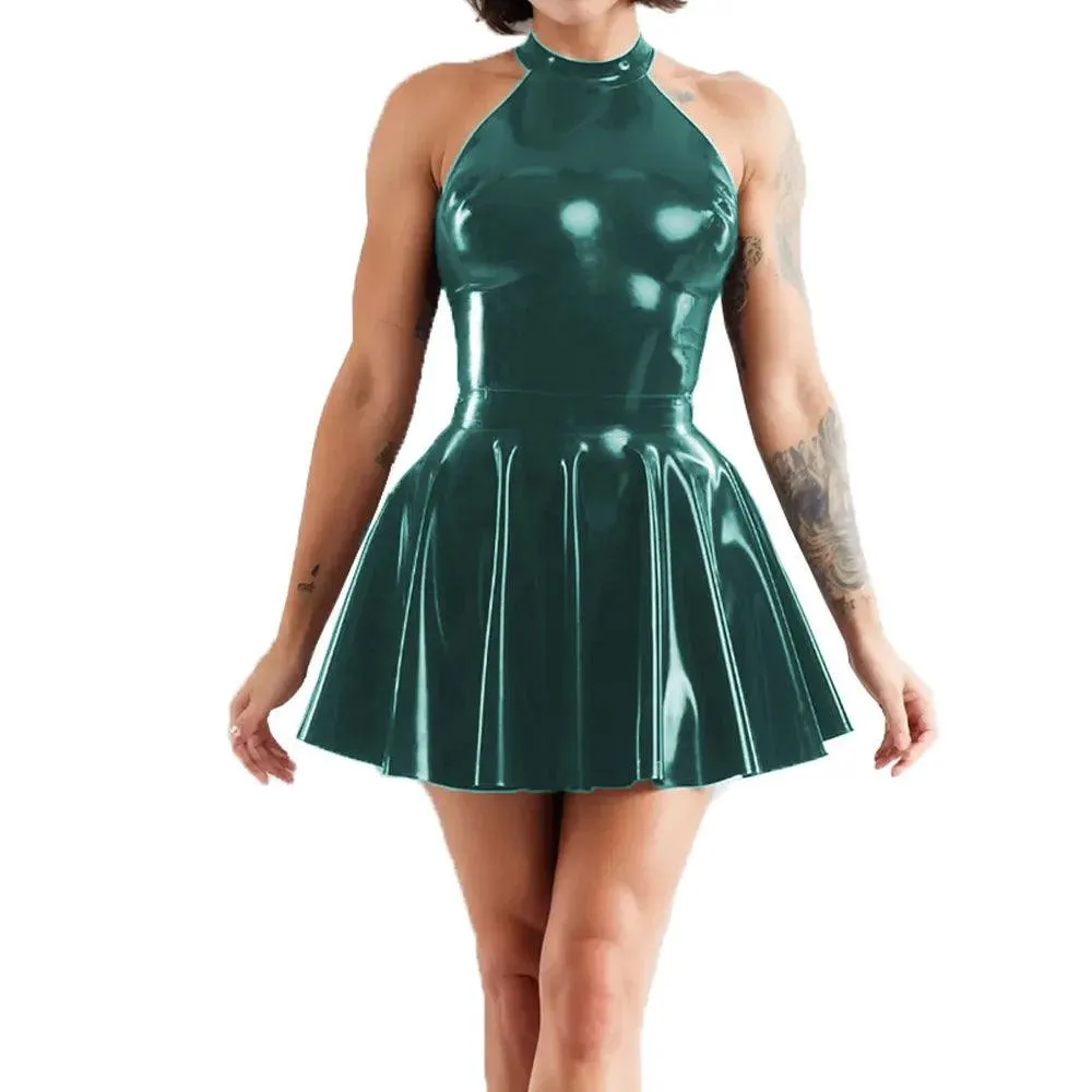 Shiny Sleeveless A-Line Pleated Mini Dress Halter Neck Skater Wet PVC Leather Swing Skirt Dress Latex-look Clubwear