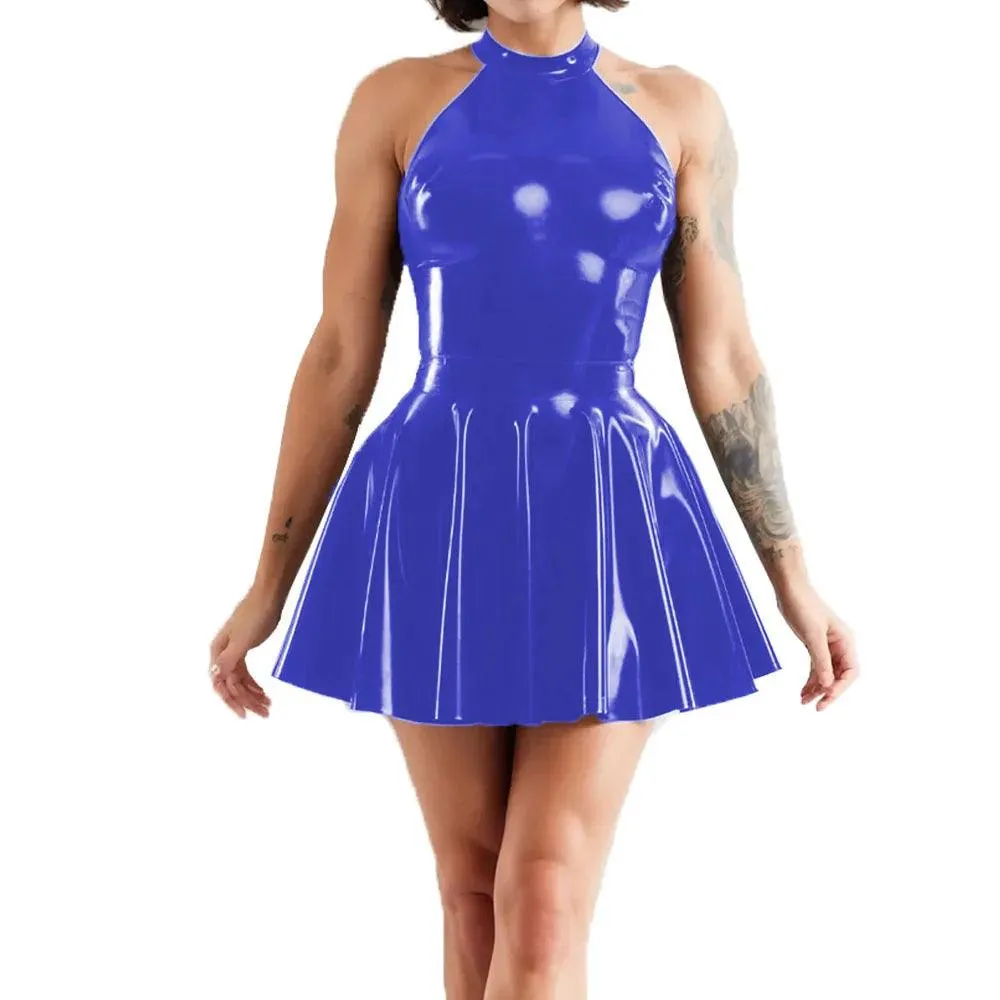 Shiny Sleeveless A-Line Pleated Mini Dress Halter Neck Skater Wet PVC Leather Swing Skirt Dress Latex-look Clubwear