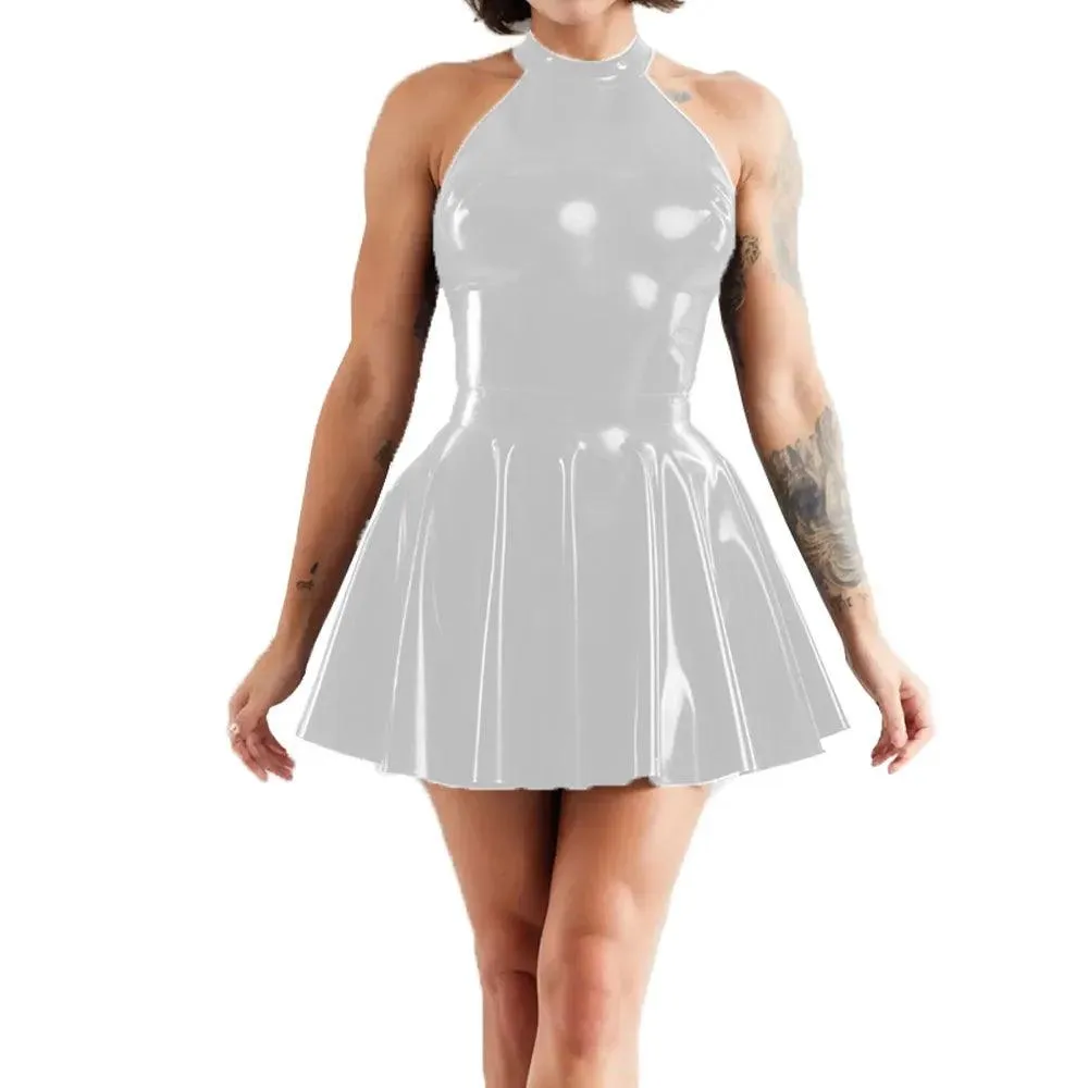 Shiny Sleeveless A-Line Pleated Mini Dress Halter Neck Skater Wet PVC Leather Swing Skirt Dress Latex-look Clubwear