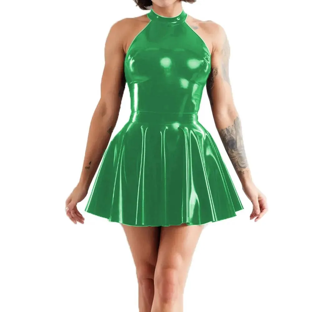 Shiny Sleeveless A-Line Pleated Mini Dress Halter Neck Skater Wet PVC Leather Swing Skirt Dress Latex-look Clubwear