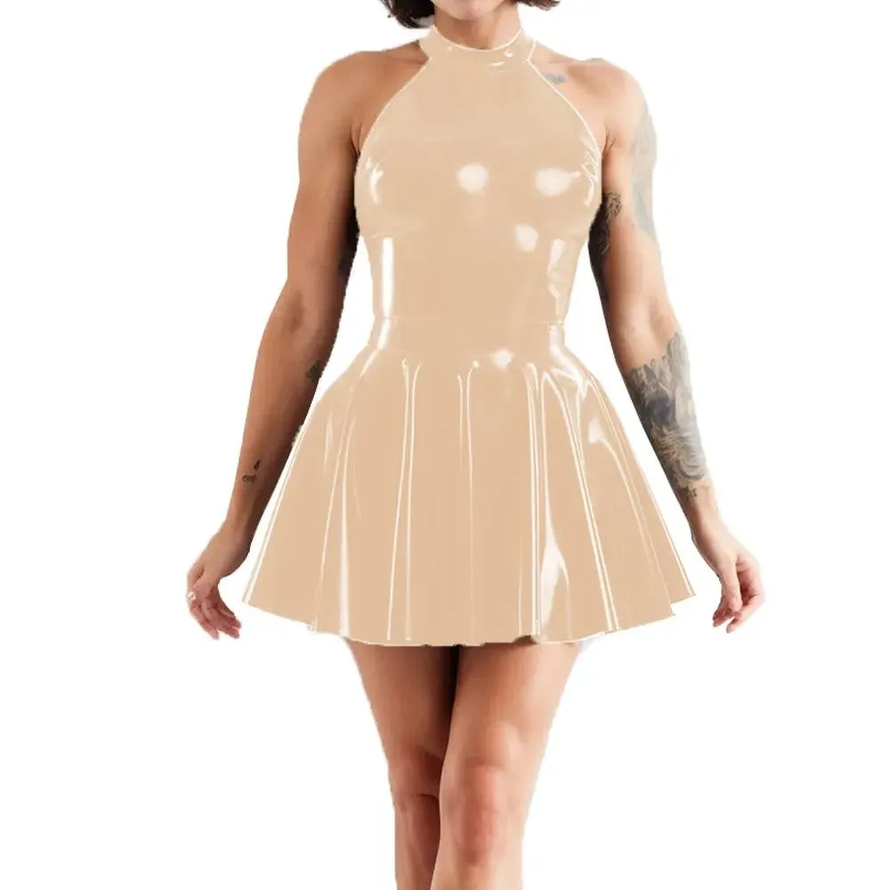 Shiny Sleeveless A-Line Pleated Mini Dress Halter Neck Skater Wet PVC Leather Swing Skirt Dress Latex-look Clubwear