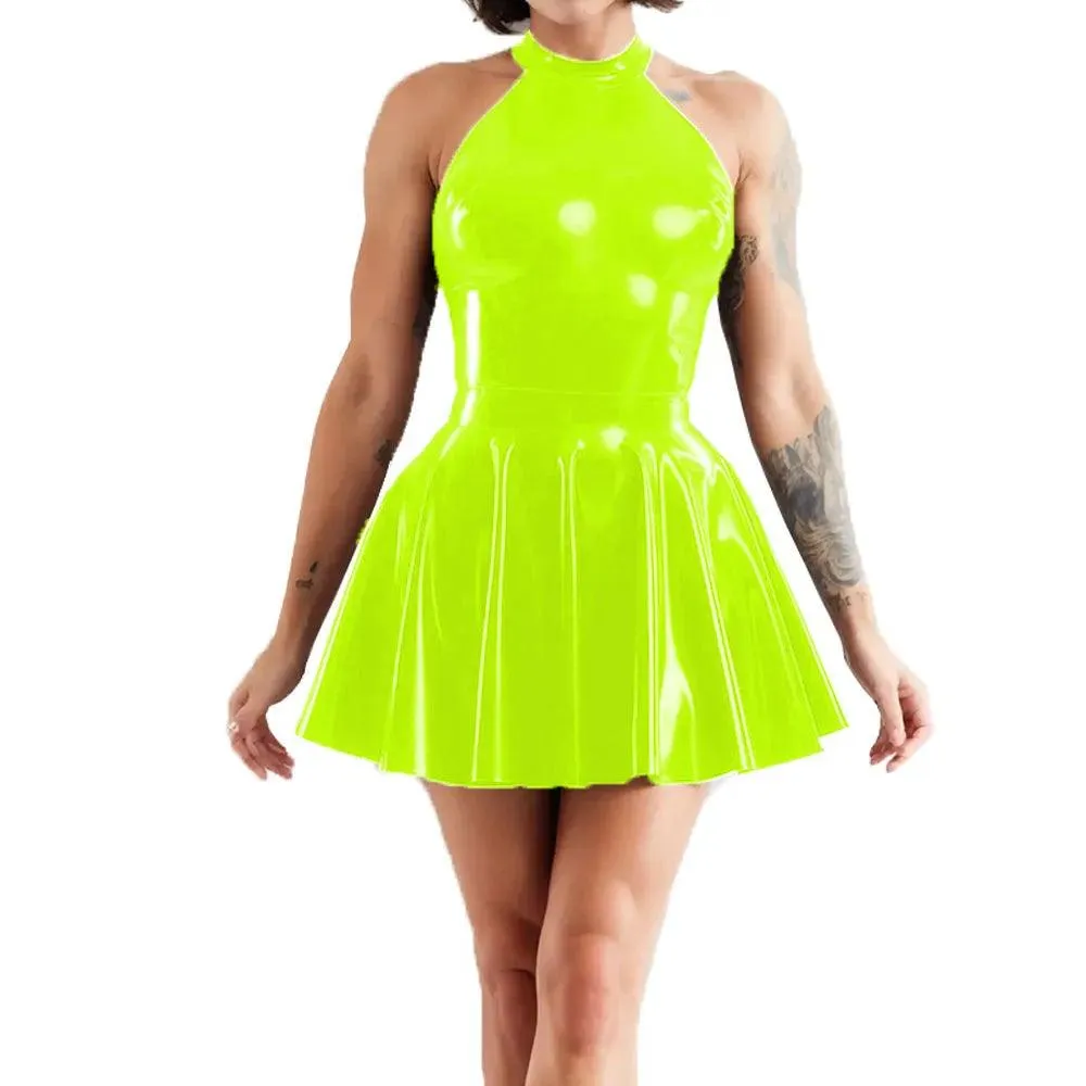 Shiny Sleeveless A-Line Pleated Mini Dress Halter Neck Skater Wet PVC Leather Swing Skirt Dress Latex-look Clubwear