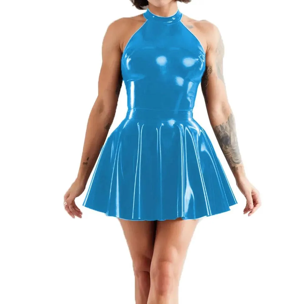 Shiny Sleeveless A-Line Pleated Mini Dress Halter Neck Skater Wet PVC Leather Swing Skirt Dress Latex-look Clubwear