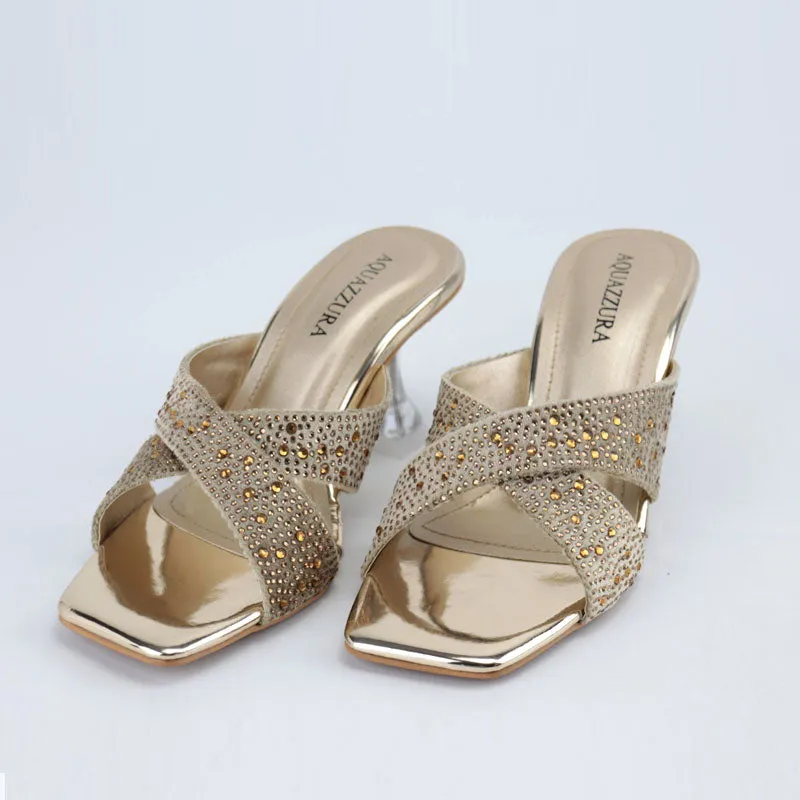 Shiny Stone Heel Crystal Embellished Cross Strap Clear Sandals #1322 #22